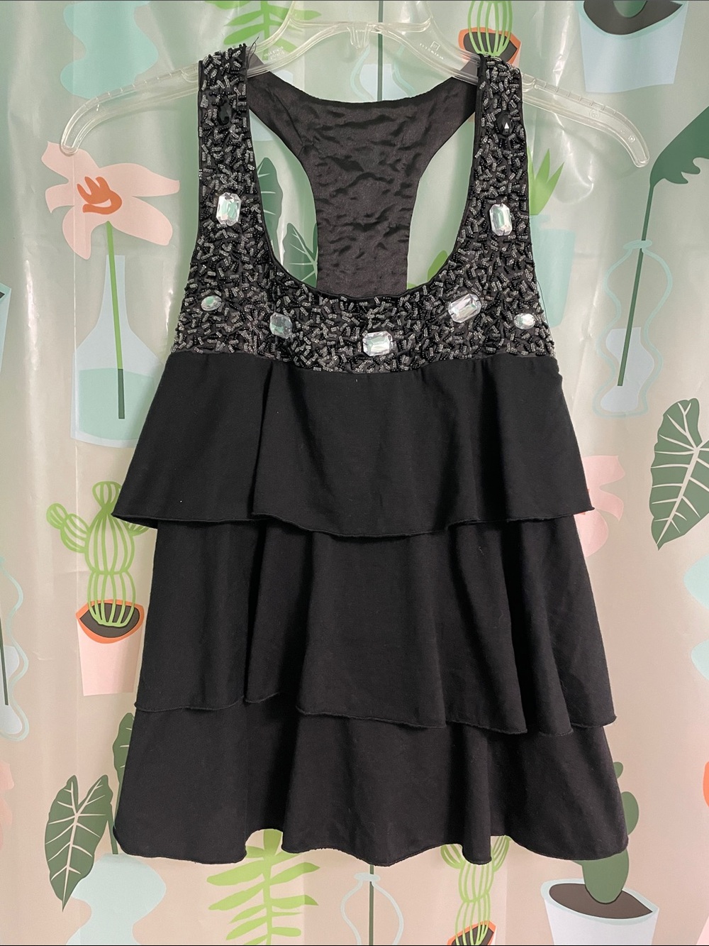 Black Tiered Ruffle Tank with Jeweled Scoop